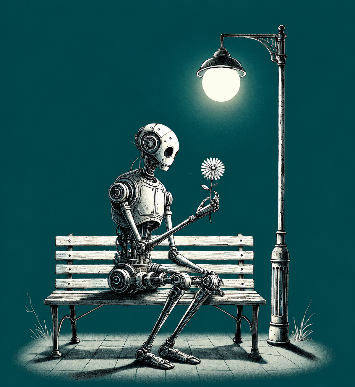 Illustration of a robot sitting on a bench under a lamp, holding a daisy.