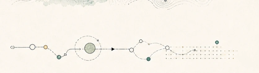 Abstract route and decision motif with connected points, a directional arrow and a final set of options.