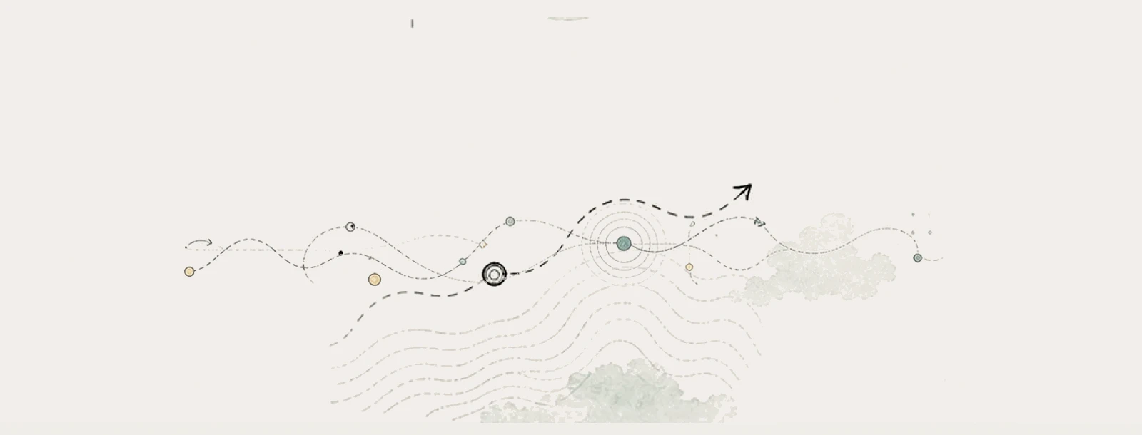 Curiosity search-route motif with signal marks, contour lines, and dotted paths on warm paper.
