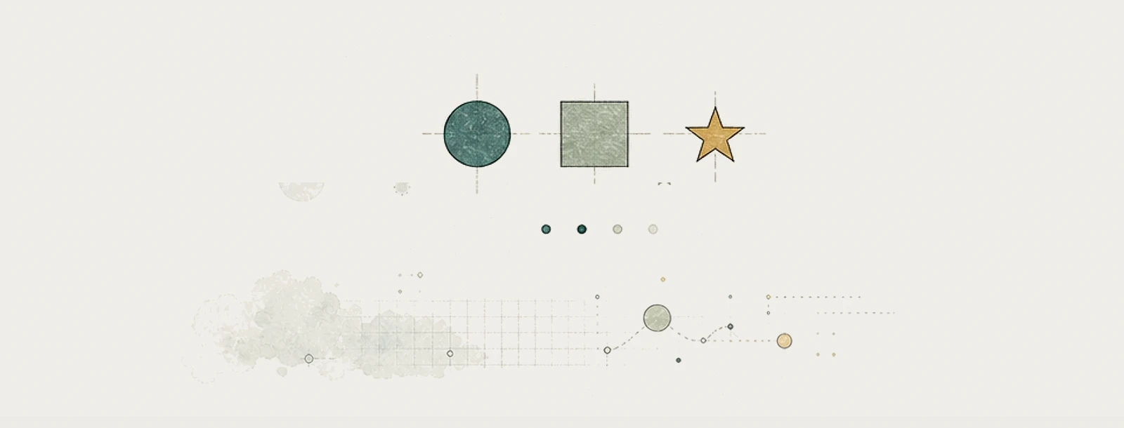 Curiosity shape and signal motif with teal, sage, and small gold marks on warm paper.