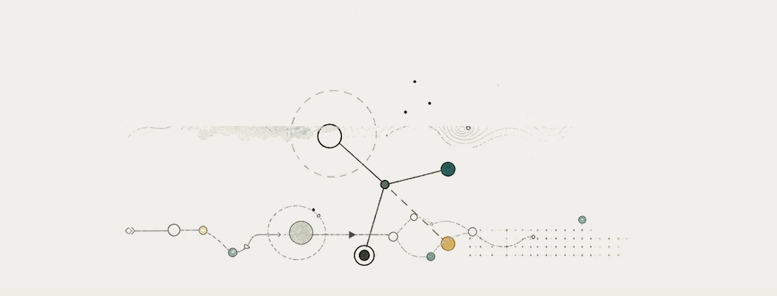 Curiosity branching conversation motif with connected points, signal dots, and fine route lines on warm paper.