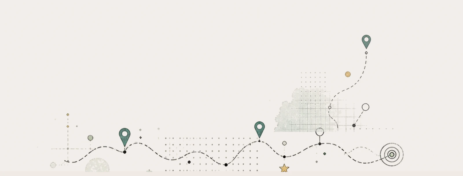 Curiosity route-map motif with map pins, dotted paths, and small signal marks on warm paper.