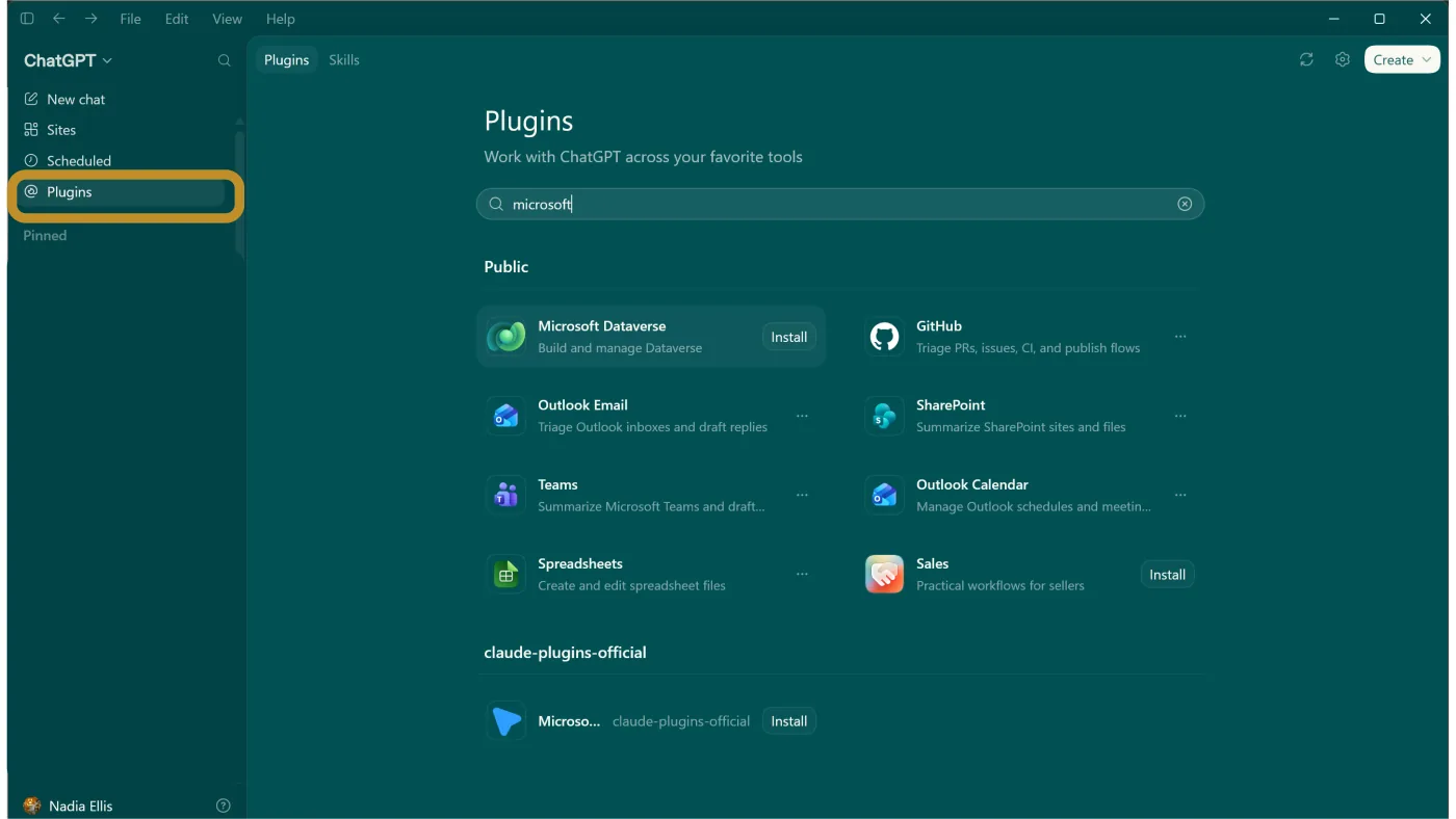 ChatGPT desktop app with Plugins selected in the left menu and Microsoft apps including Outlook, SharePoint and Teams listed in the directory.