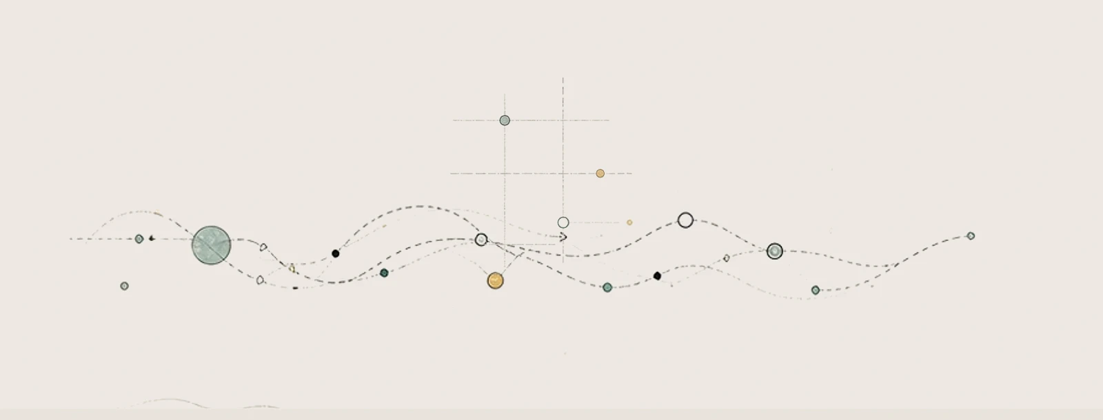 Curiosity sorting-path motif with slider-like points and dotted routes on warm paper.