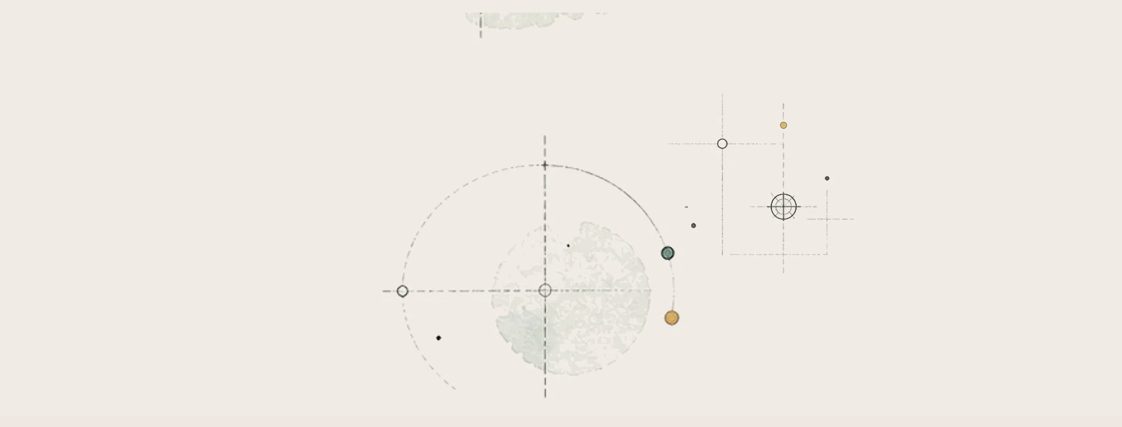 Curiosity crosshair and signal motif with pale sage wash, fine linework, and small alert marks on warm paper.