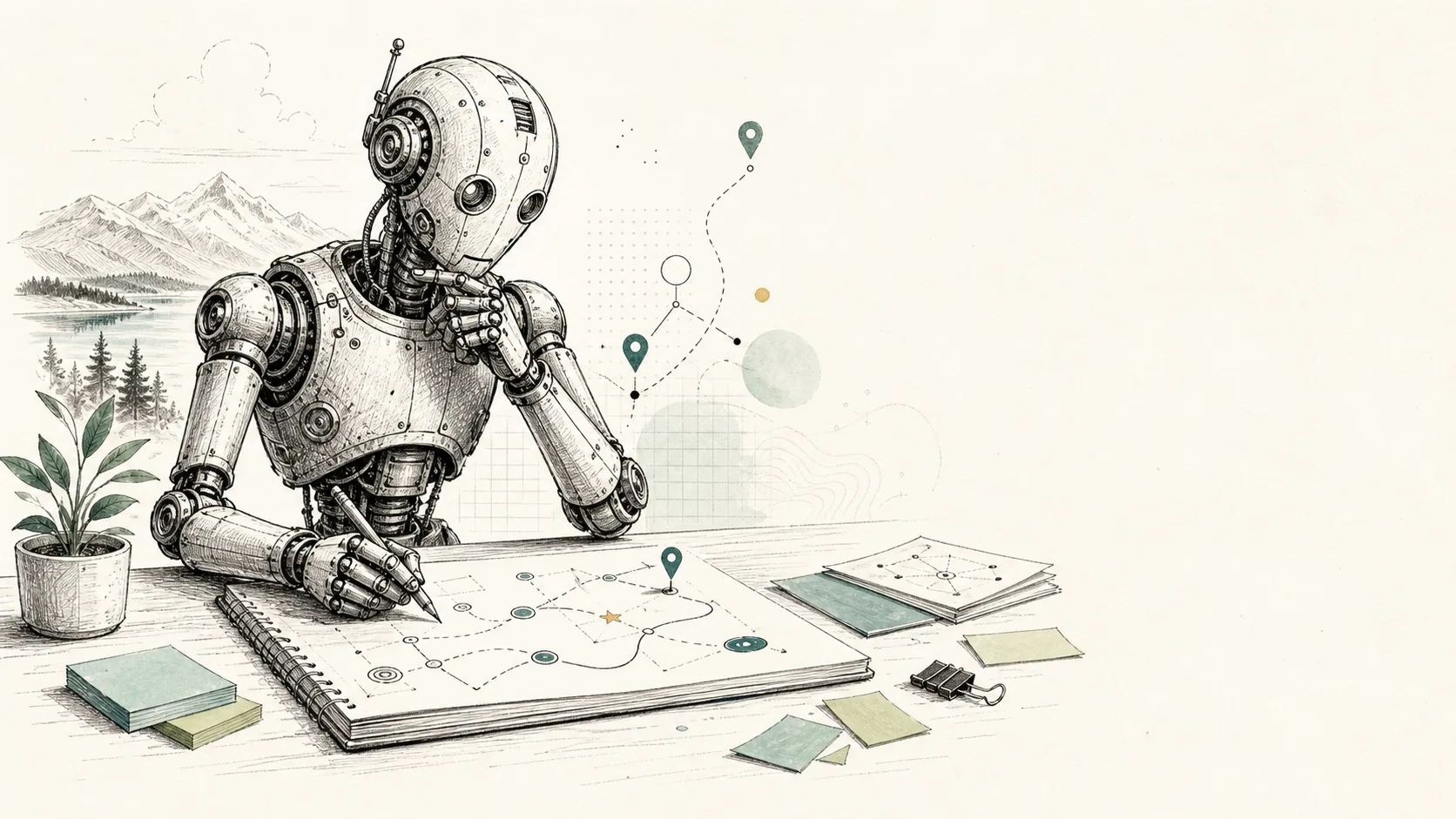 Sketch-style illustration of a robot plotting a route between map pins on a notepad, with a lake and mountains behind.